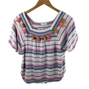 THML Multicolored Striped Textured Tassel Detail Pullover Bohemian Top Sz S